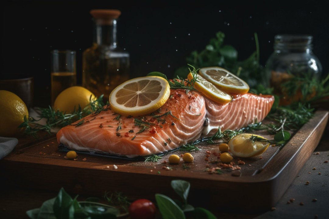 omega-3 rich meal of salmon, olive oil, and olives