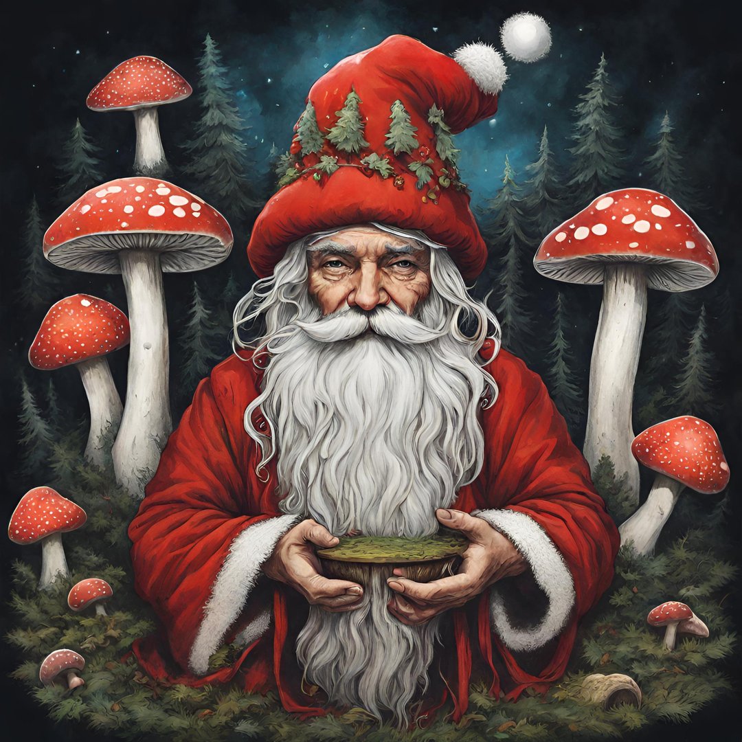 Santa Claus surrounded by mushrooms