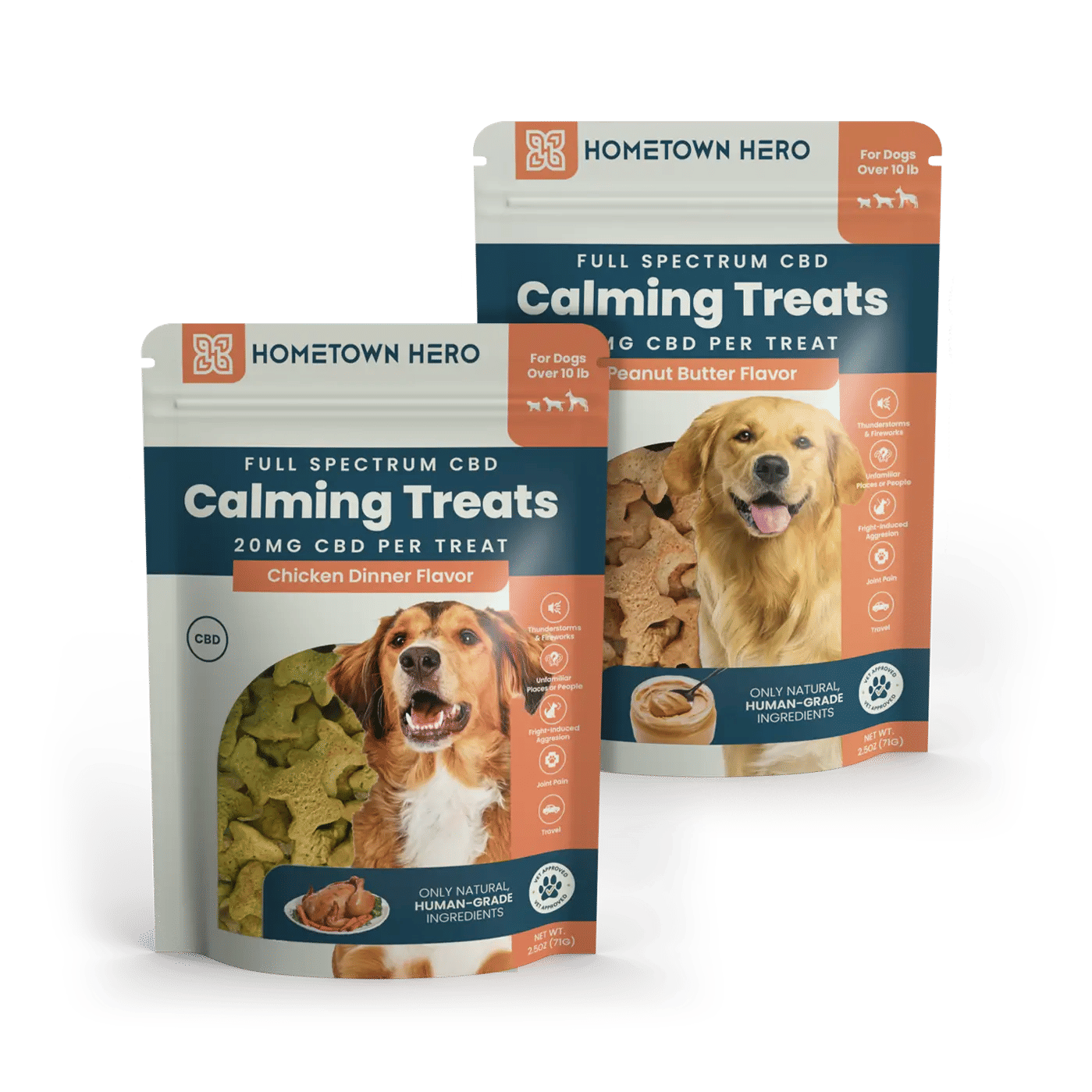 2 bags of calming pet treats with cbd in 2 flavors