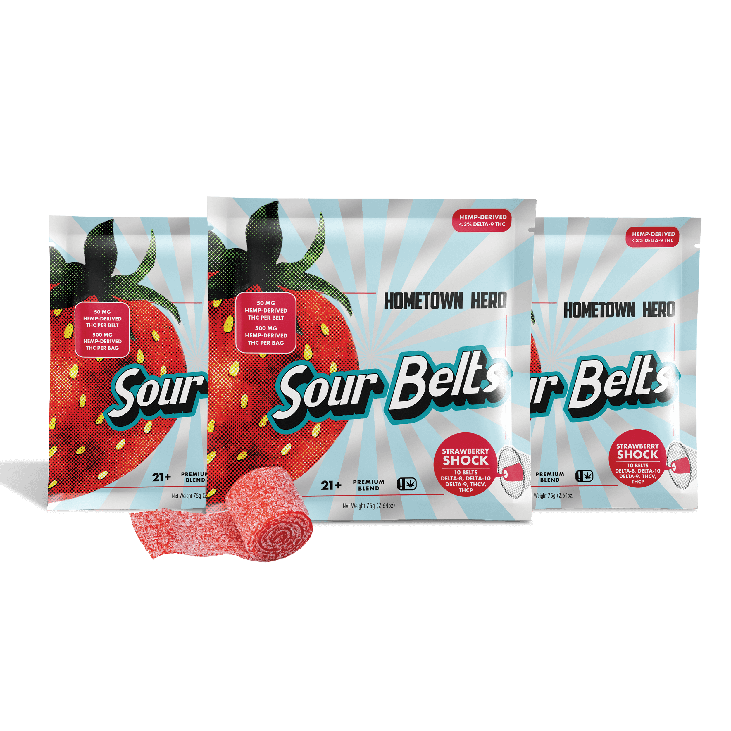 3 Packs of Strawberry Shock Sour Belts