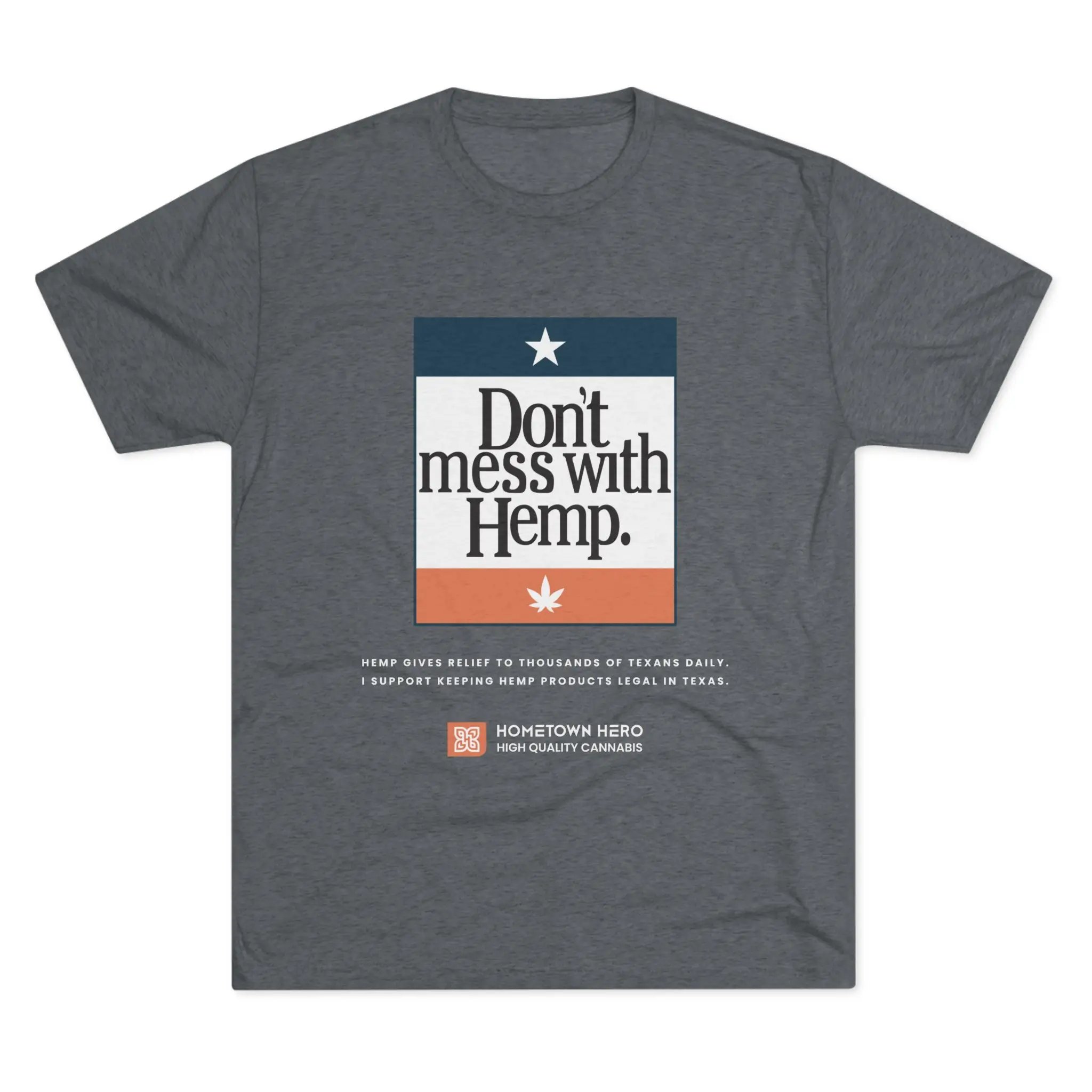 grey t-shirt with hemp support messaging