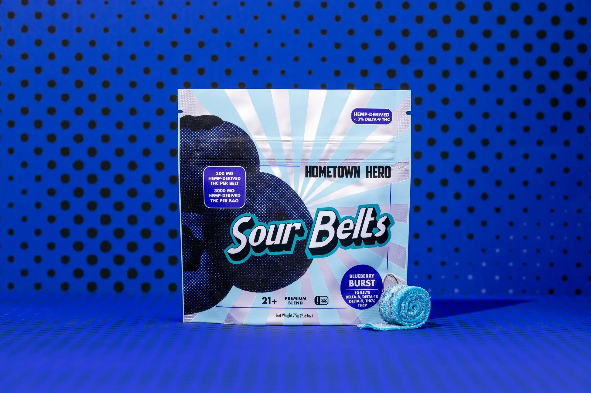 Blueberry Burst Sour Belts package and candy