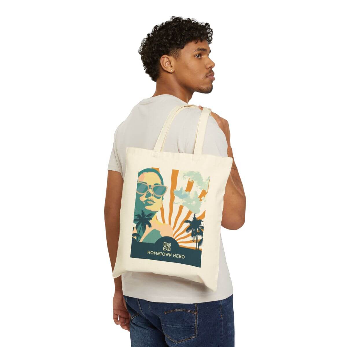 man holding tote bag