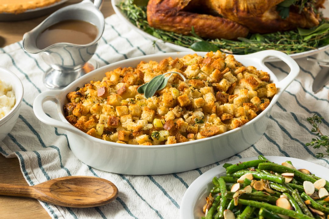 Cornbread stuffing in a baking dish