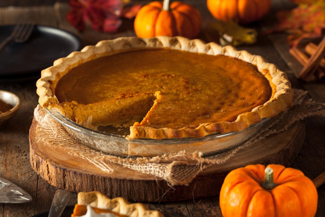 Pumpkin pie in a baking dish