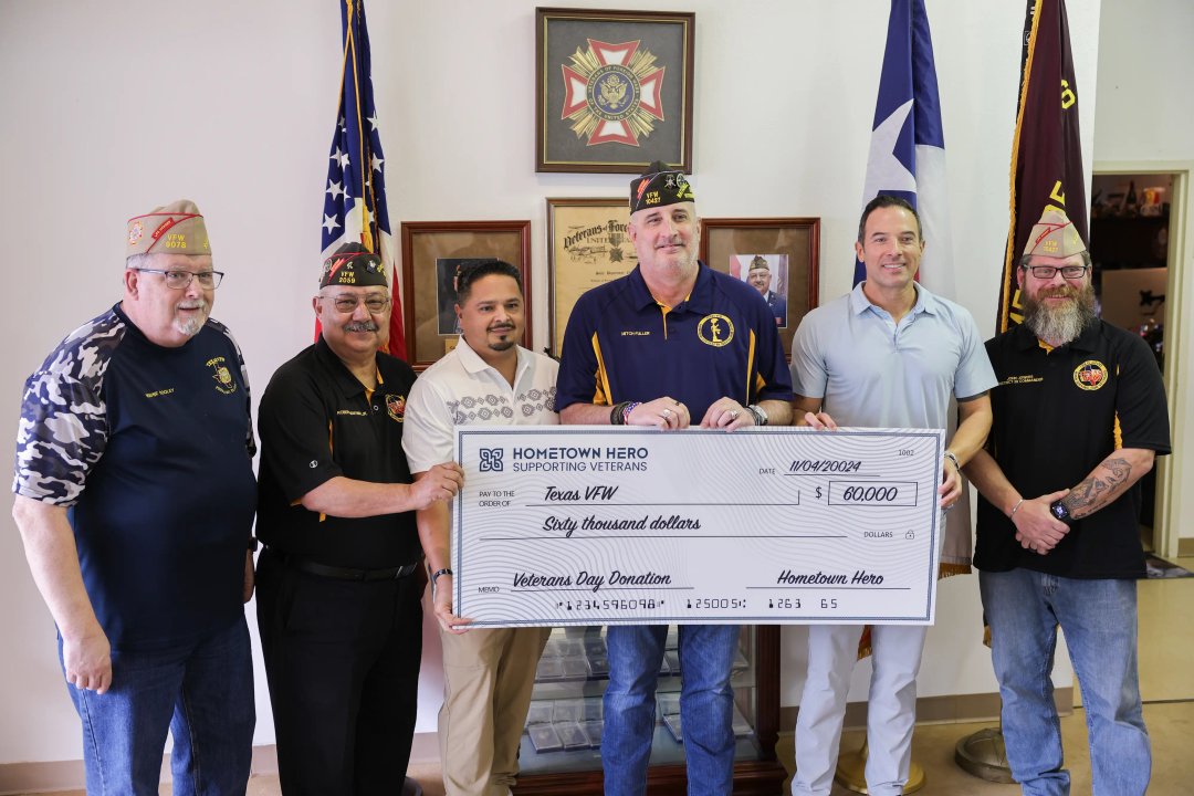 Hometown Hero presents donation check to the Texas VFW