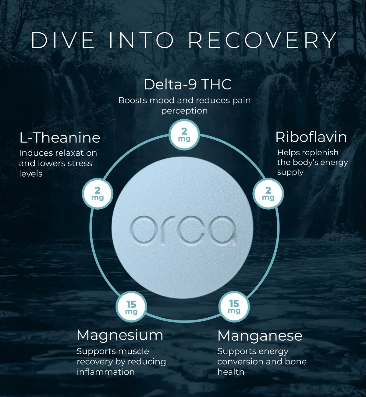 Infographic explaining benefits of Delta-9 THC, Riboflavin, L-Theanine, Magnesium, Manganese for recovery