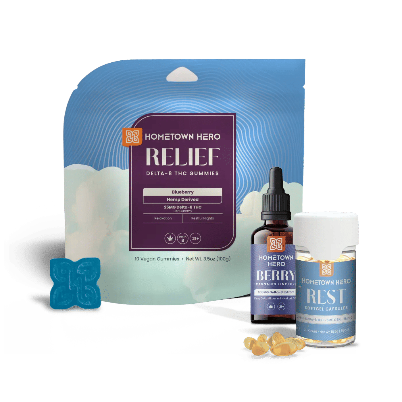 Various THC products for relief: Delta-8 Tincture, Delta-8 Capsules, Delta-8 gummies