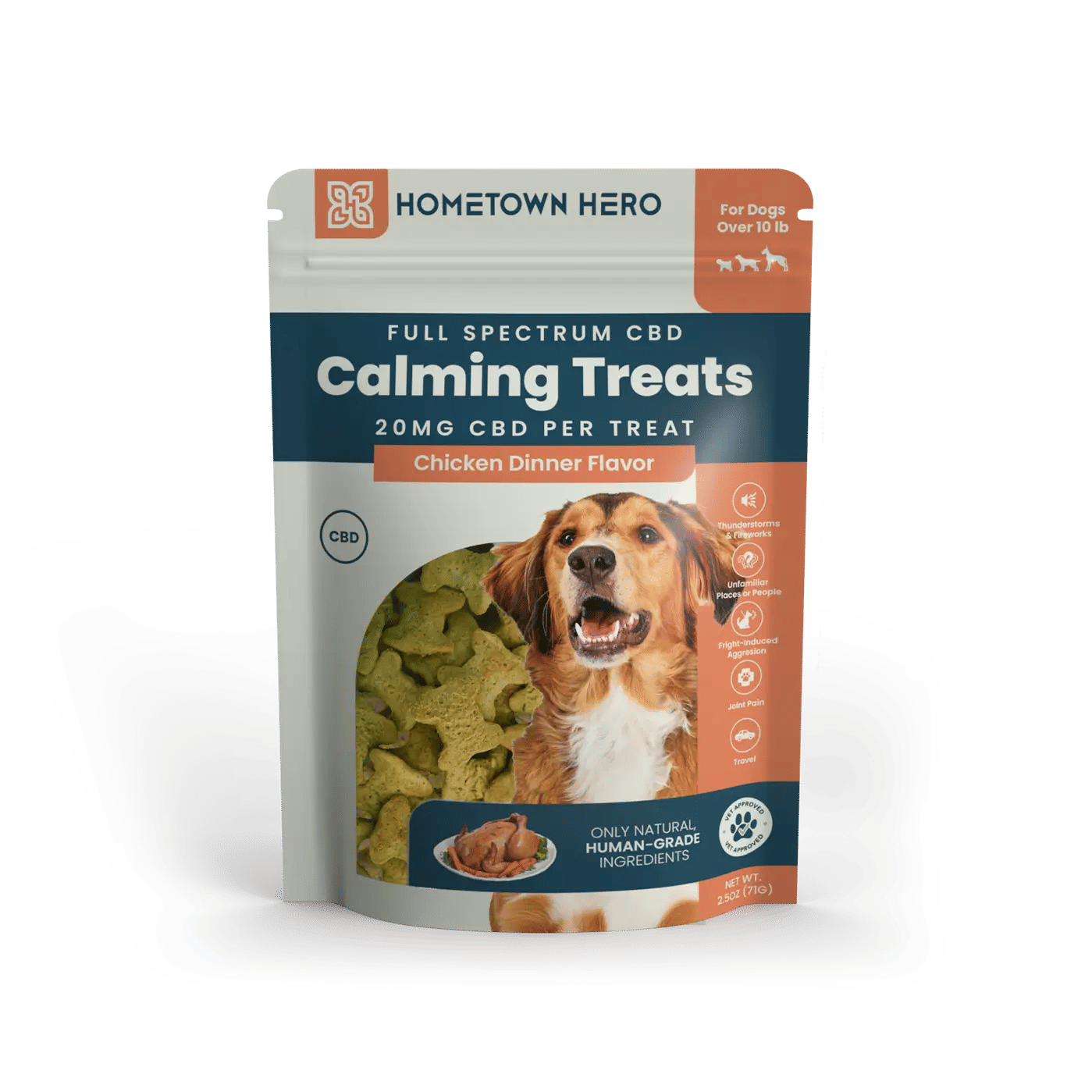 bag of full spectrum CBD dog treats in chicken dinner flavor