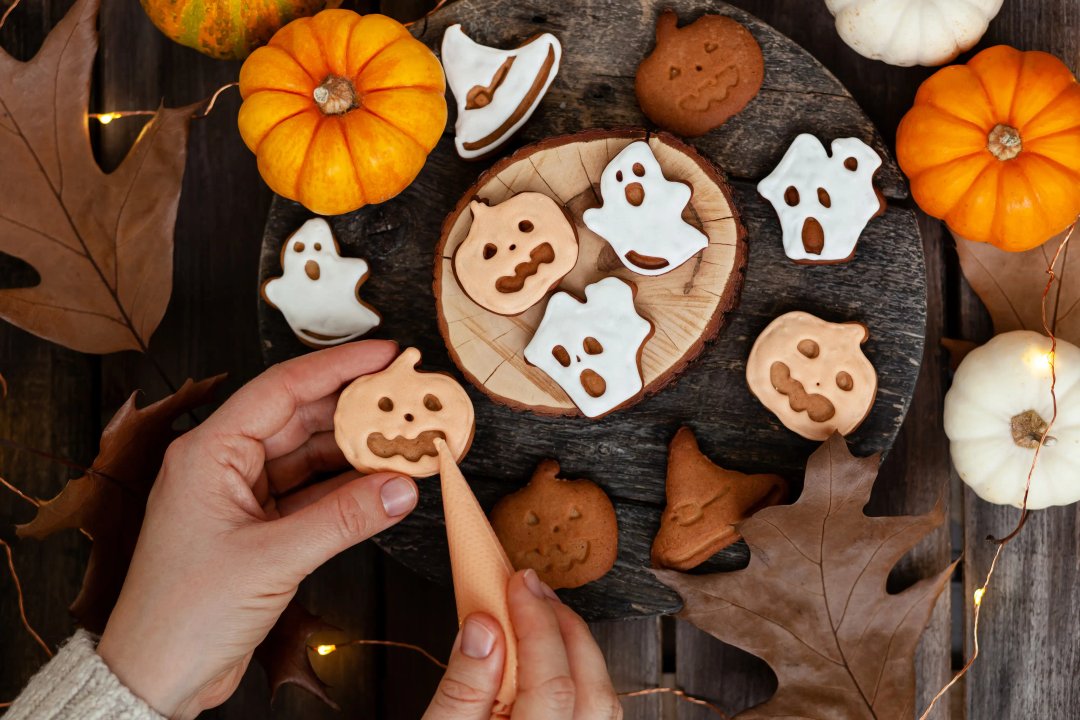 Woman decorating a batch of halloween cookies