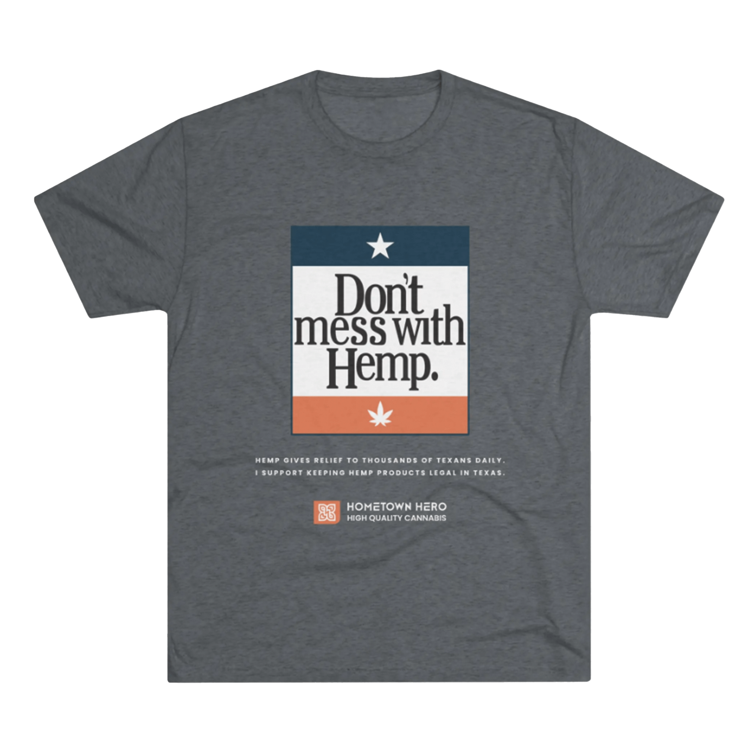 grey t-shirt with hemp support messaging