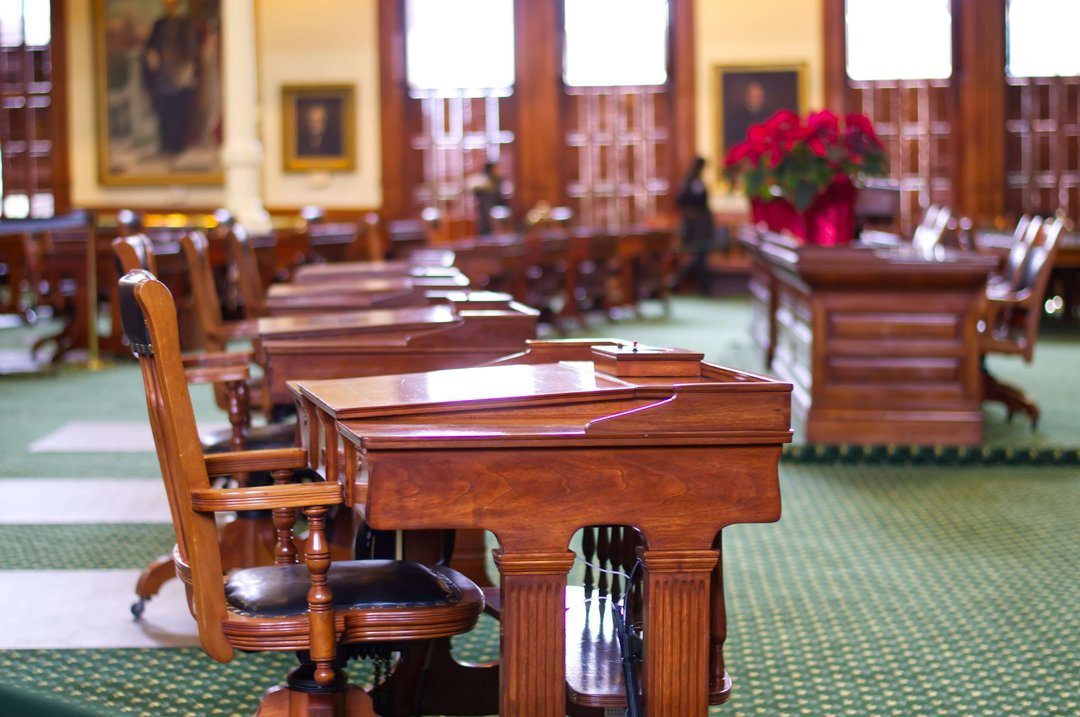 Chairs inside the courtroom of the state capitol