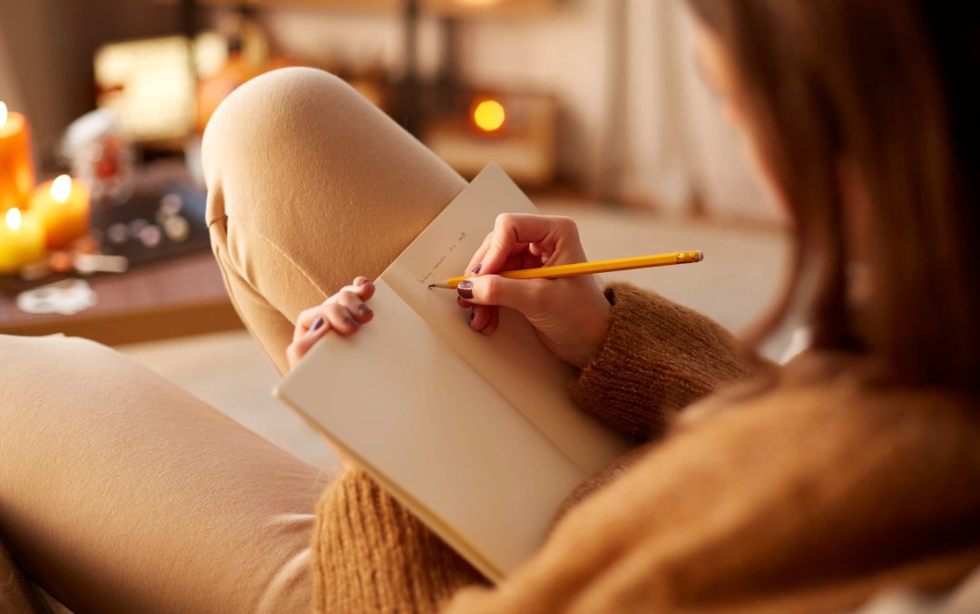 woman reclining and writing in her diary